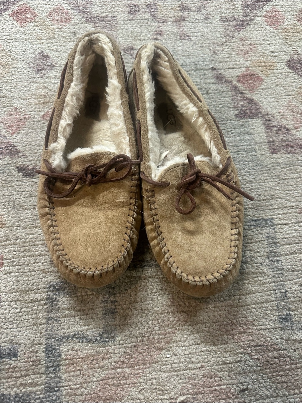 UGG Chestnut Suede Moccasin Slippers with Shearling Trim